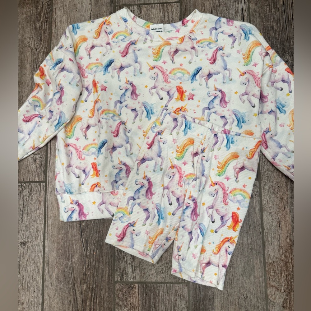 Aria J. Designs handmade kids unicorn crewneck and ribbed bikers set